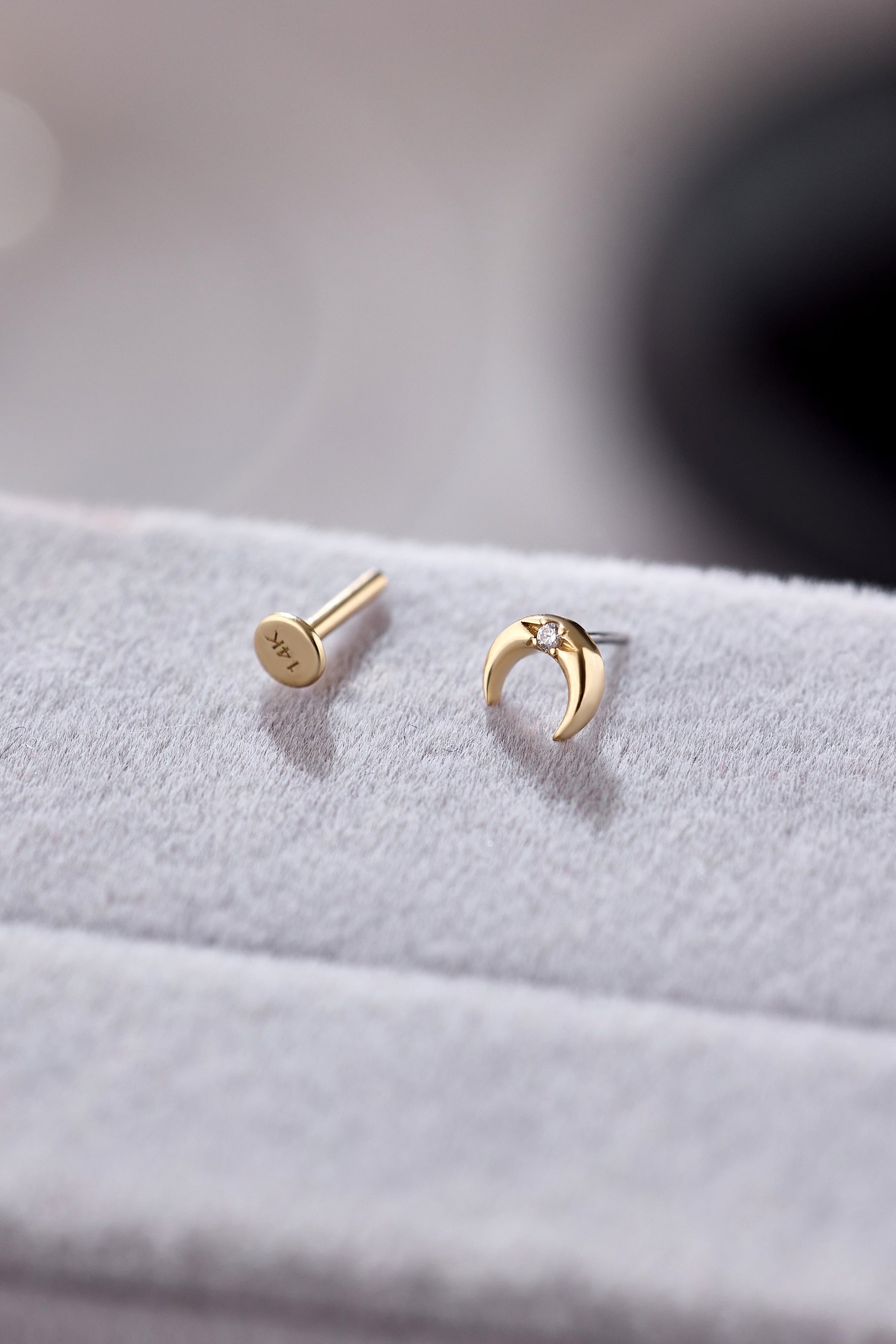 14K Gold Celestial Crescent Moon Threadless Piercing