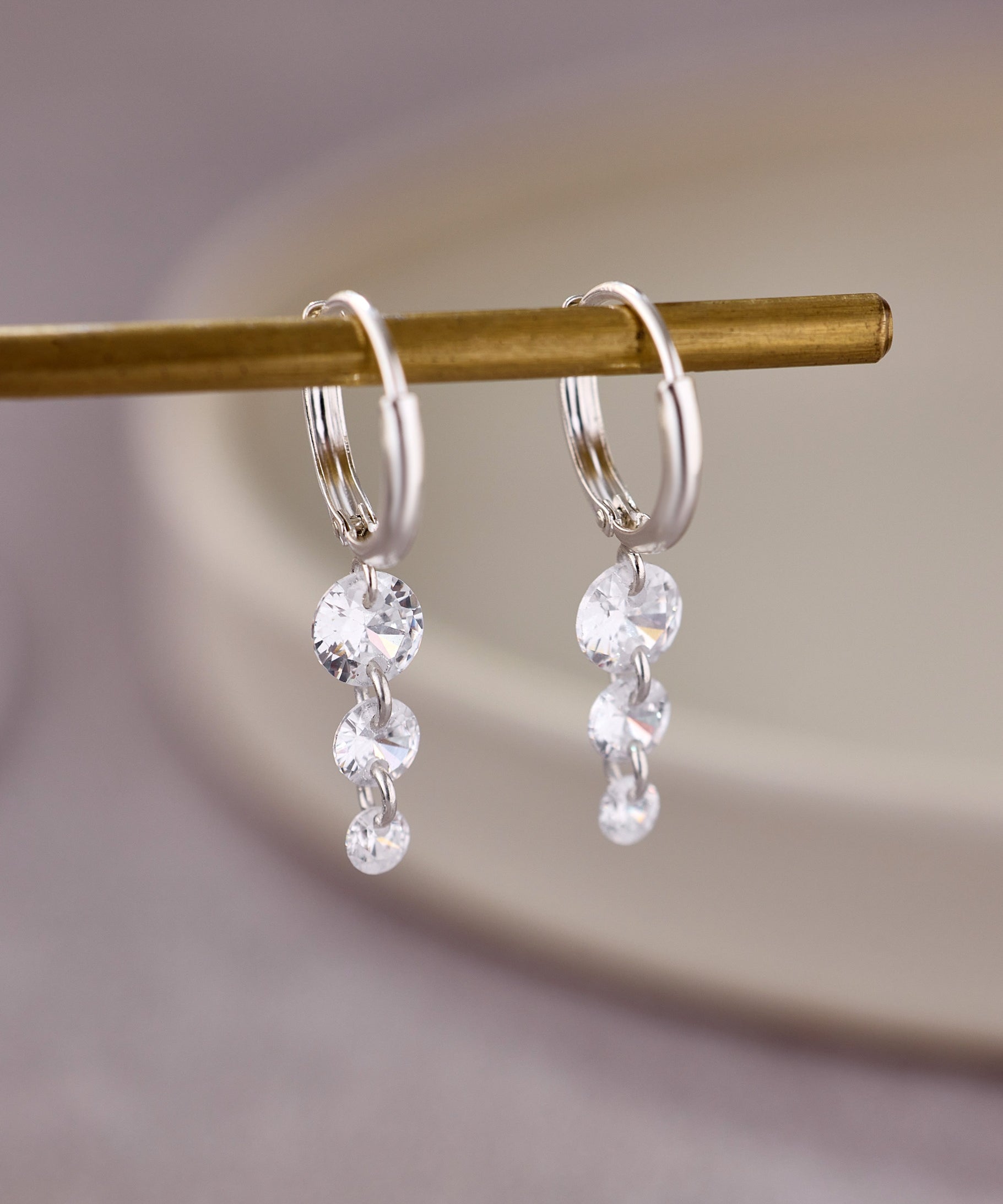 925 Silver Triple Crystal Raindrop Hoop Earrings