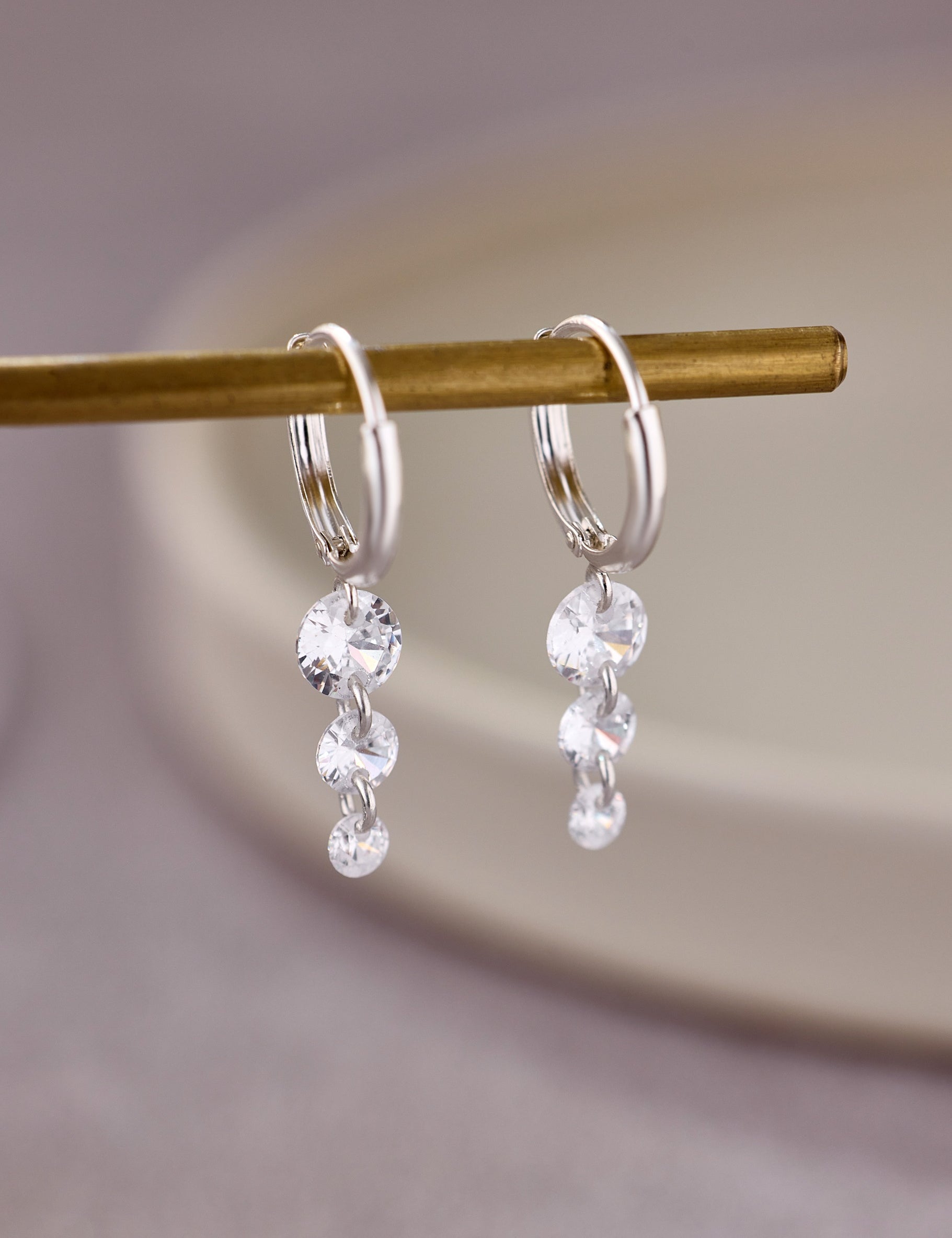 925 Silver Triple Crystal Raindrop Hoop Earrings