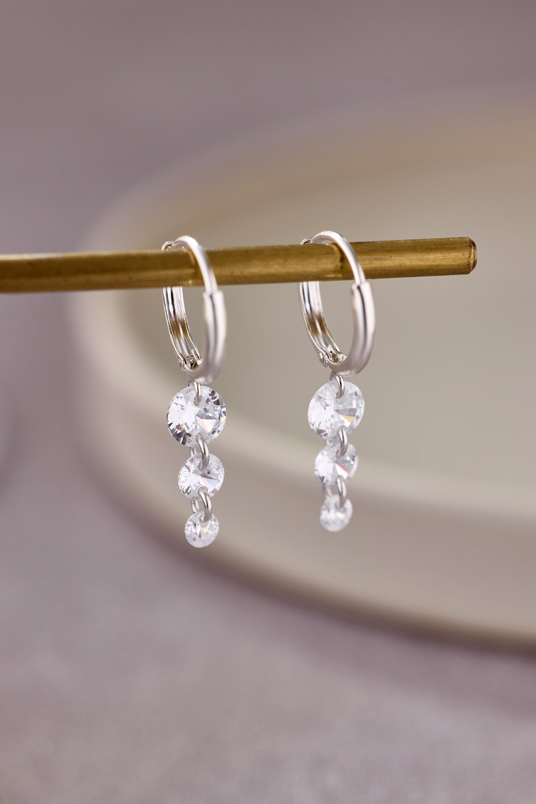925 Silver Triple Crystal Raindrop Hoop Earrings