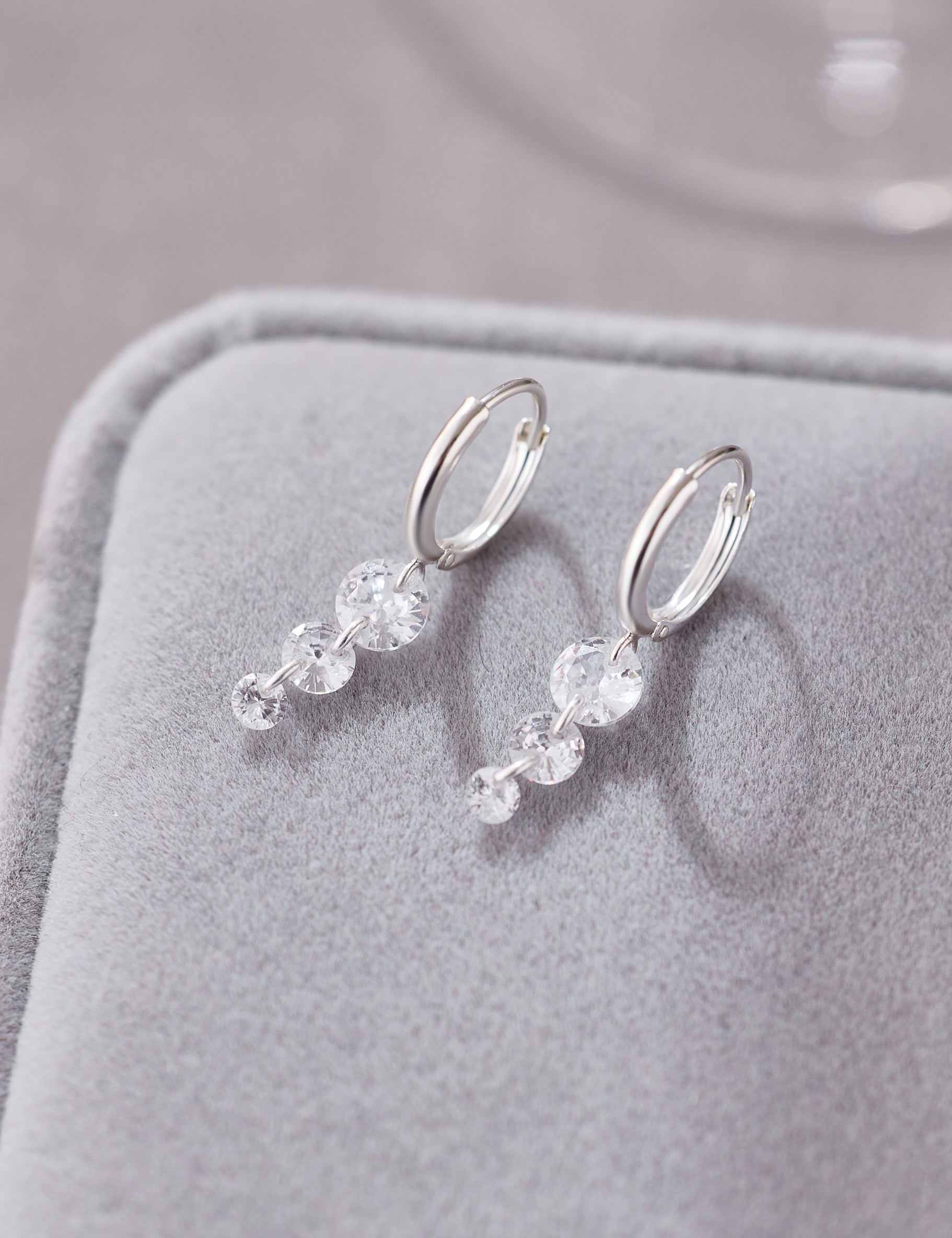 925 Silver Triple Crystal Raindrop Hoop Earrings