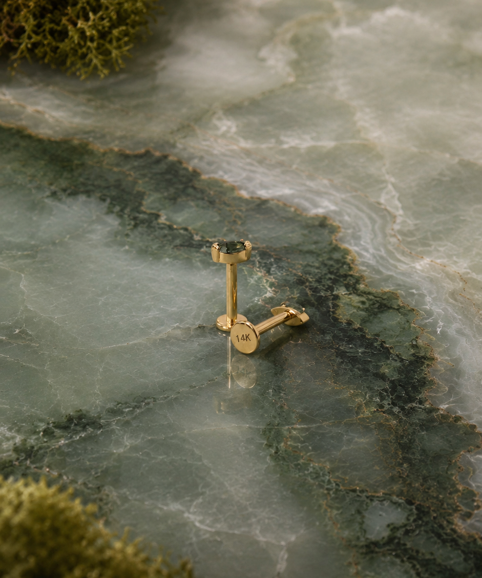 14K Gold Green Moss Agate Marquise-Shaped Threadless Piercing