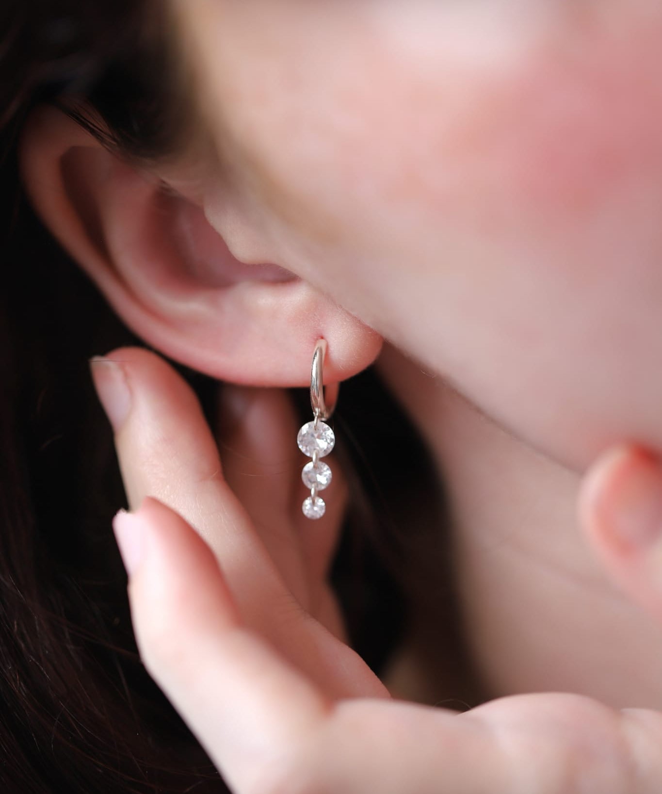 925 Silver Triple Crystal Raindrop Hoop Earrings
