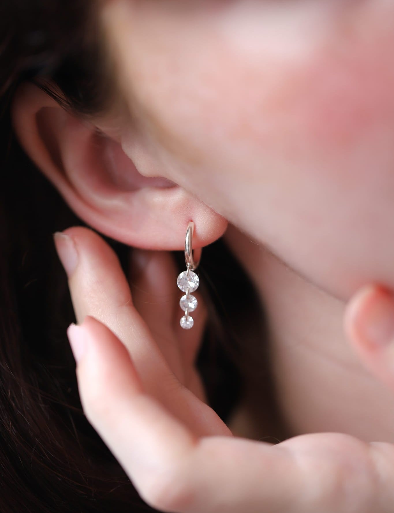 925 Silver Triple Crystal Raindrop Hoop Earrings