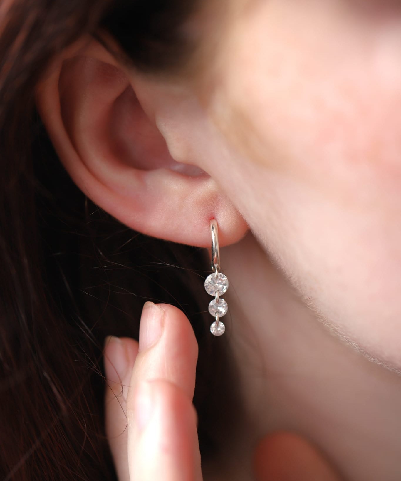 925 Silver Triple Crystal Raindrop Hoop Earrings